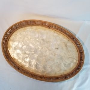 Vintage Oval Capiz Shell and Natural Rattan Tray 19" Natural coloring vintage
